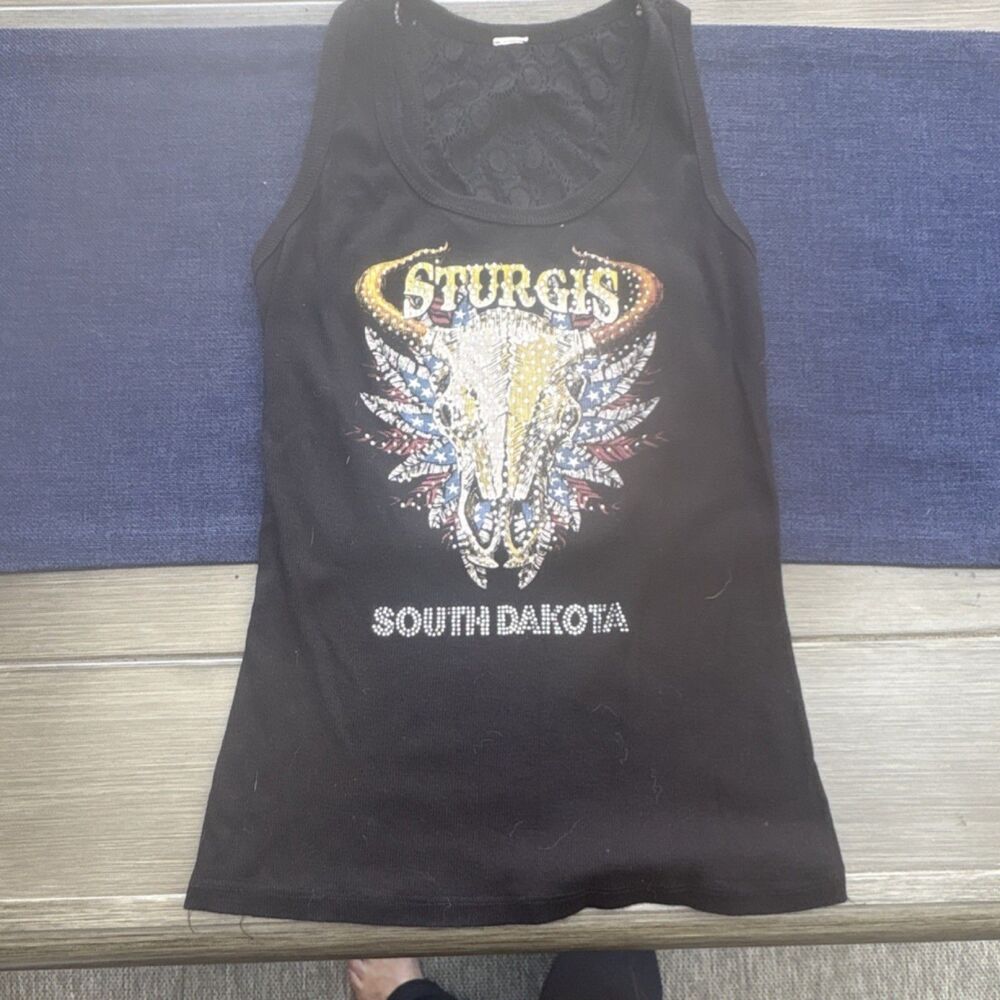 Sturgis Black Lace Racerback Tank Top Graphic Print Rhinestone Women's